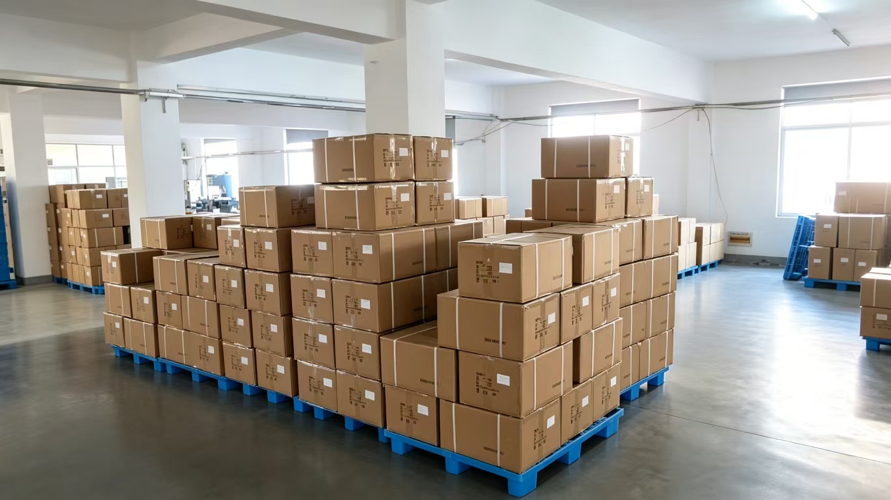 Neat stacked optical product cartons on plastic pallets in bright warehouse, overstock problem for optics wholesale distributors