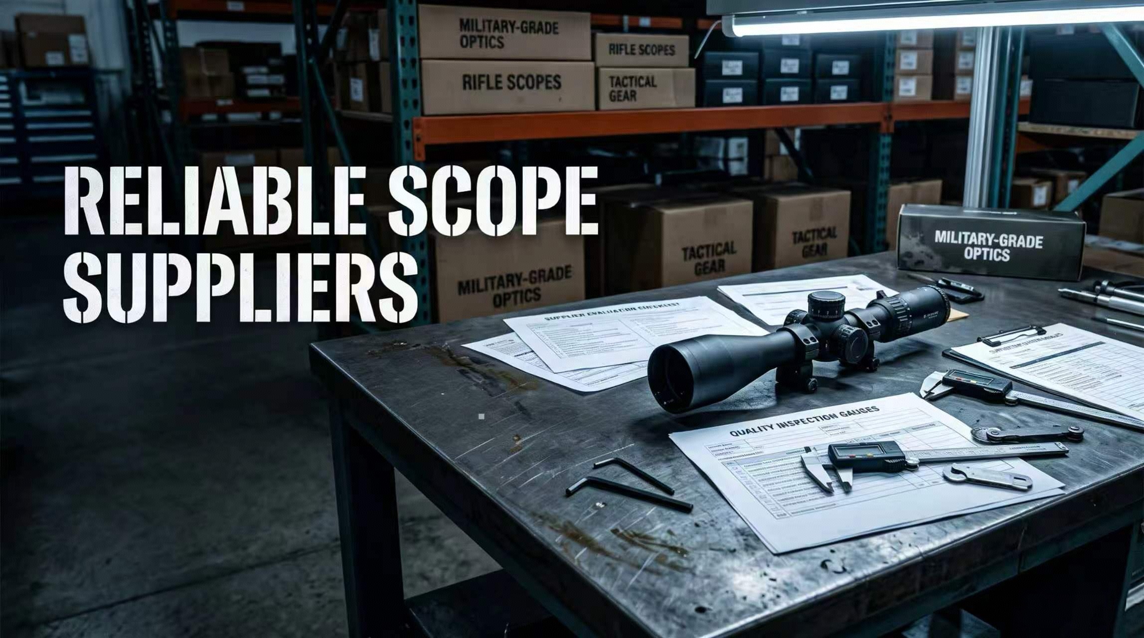Reliable rifle scope wholesale supplier warehouse inspection scene, quality checklist and measuring tools for optics procurement risk management