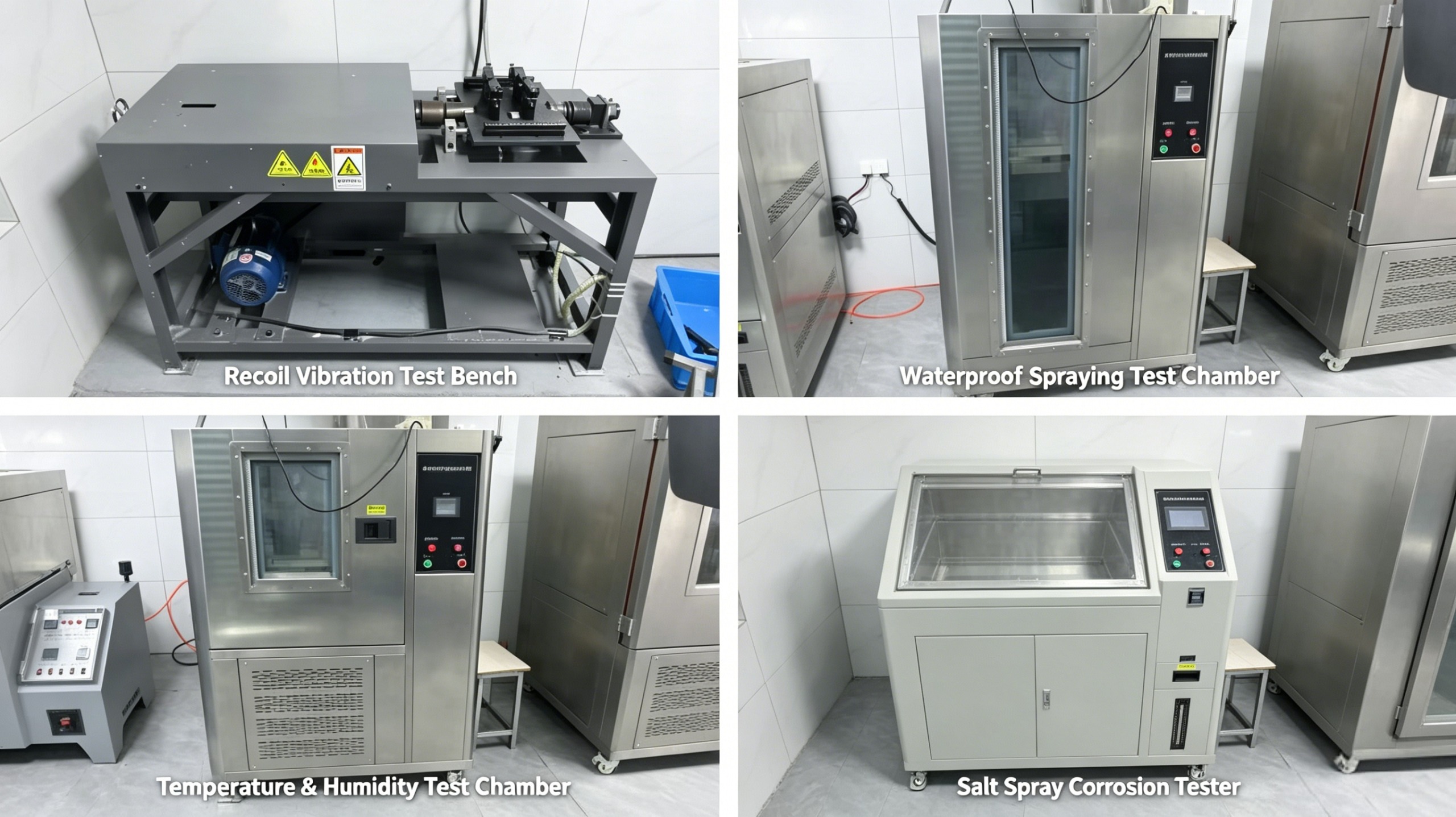Four professional testing machines for riflescope performance detection: recoil vibration test bench, waterproof spraying chamber, temperature humidity test cabinet and salt spray corrosion tester for batch quality inspection