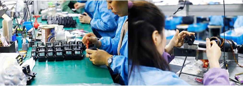 Workers assembling and inspecting tactical rifle scopes in dust-free production workshop, strict full-process quality control for optic sight products